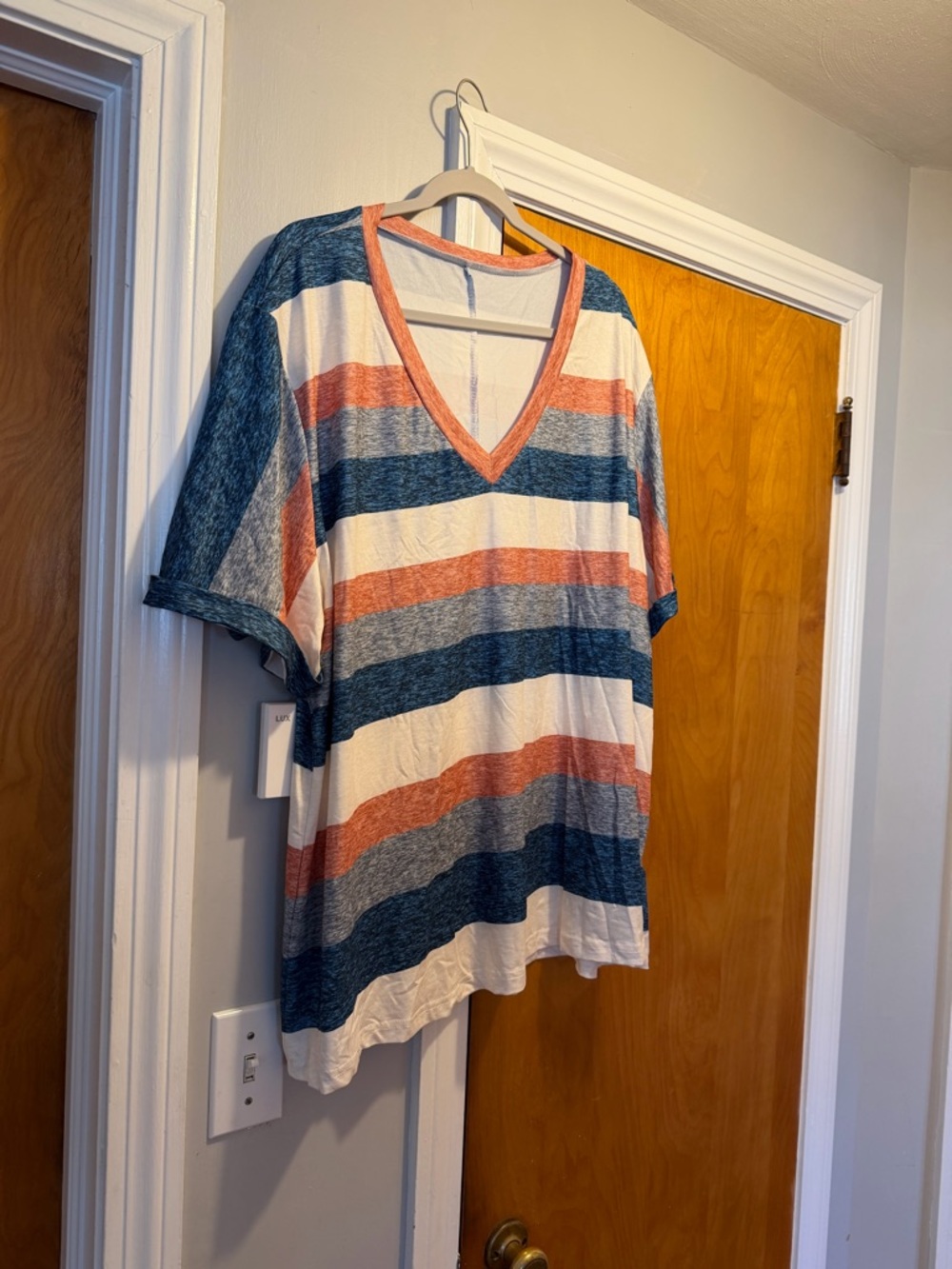Striped V-Neck Short Sleeve Tee in Blue, Cream & Rust
